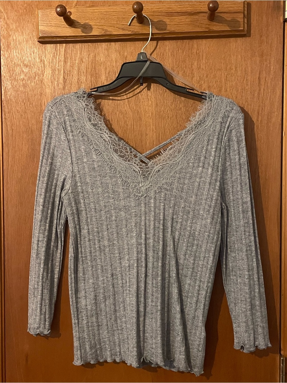 Almost Famous Gray Ribbed Lace-Trim V-Neck Top